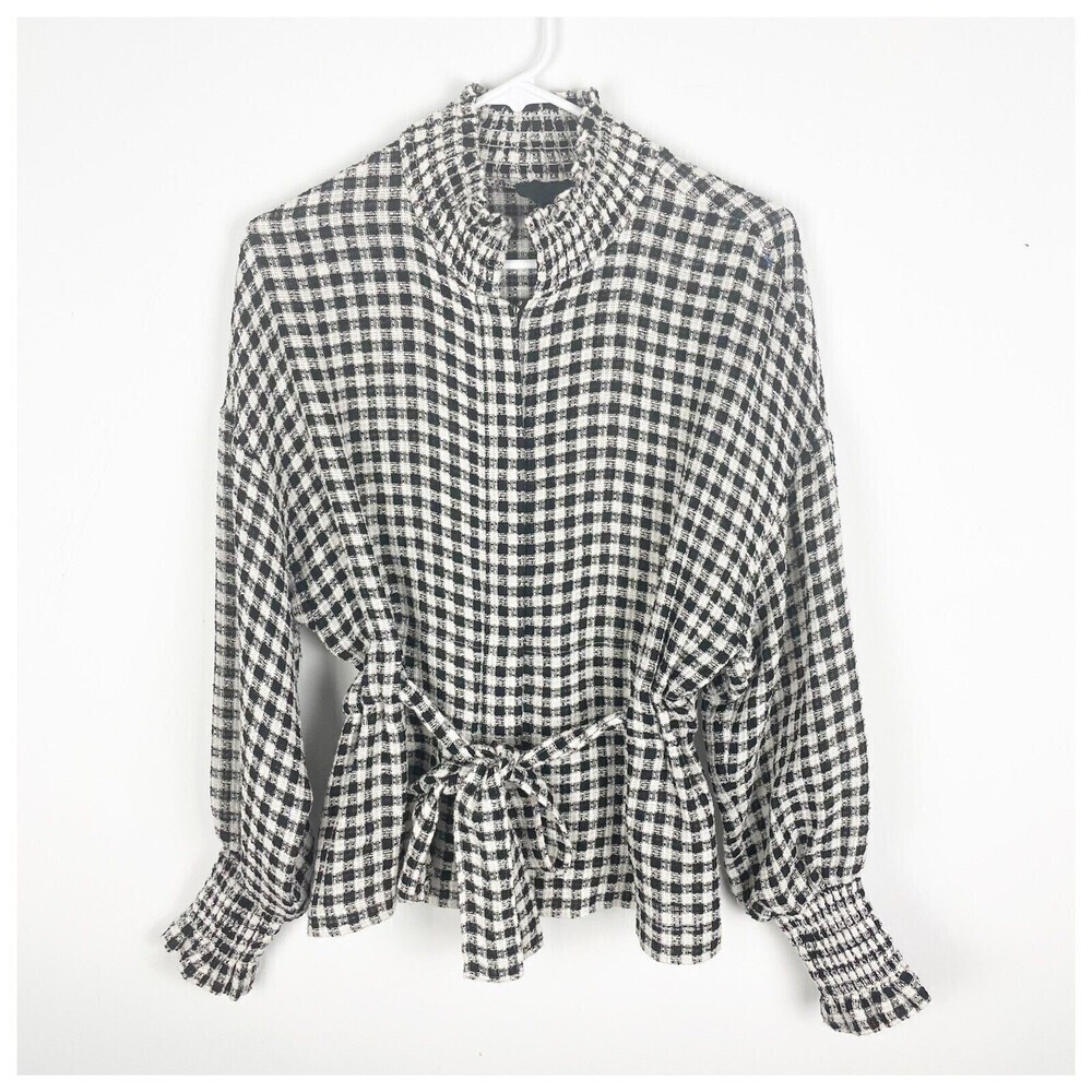 Intermix Gingham Belted Zip-Up Gathered Long-Sleeve‎ Top Blazer Size Smal…​​​​